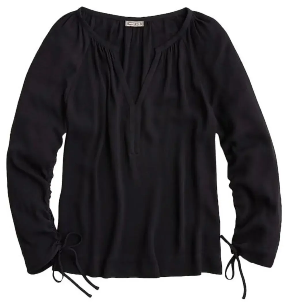 J. Crew Point Sur Black V-Neck Cinched Sleeve Blouse Women's Size XS